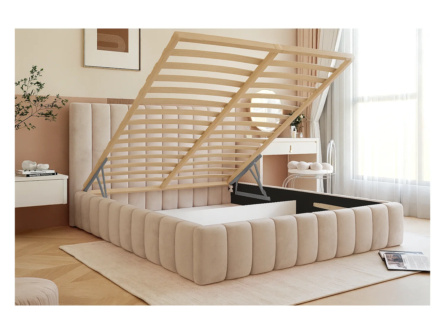 BESILIO Tweepersoonsbed 200x200 Tina – slank slaapkamerbed met lattenbodem en opbergruimte voor beddengoed – fluwelen stof – Grijs