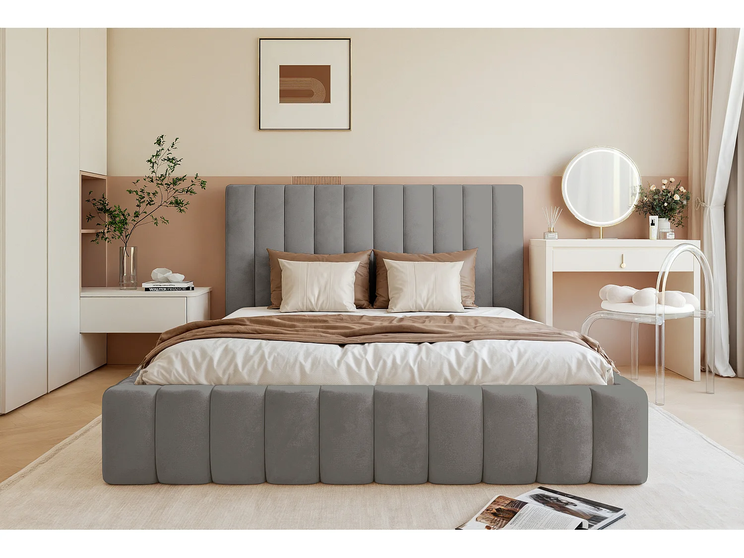 BESILIO Lit double 200x200 Tina – lit fin pour la chambre avec sommier et coffre de rangement – tissu velours – Gris