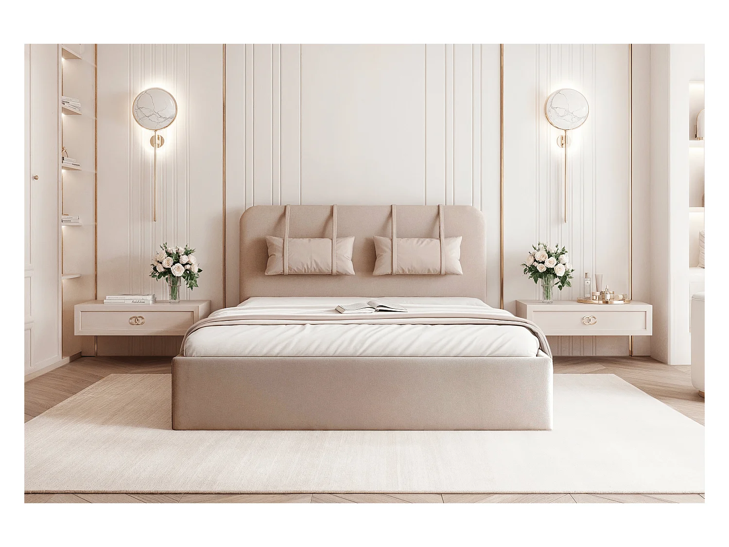 BESILIO Bed met opbergruimte van plaatmateriaal 120x200 Monti – slank bed met afneembare sierkussens, lattenbodem en opbergruimte voor beddengoed – Beige