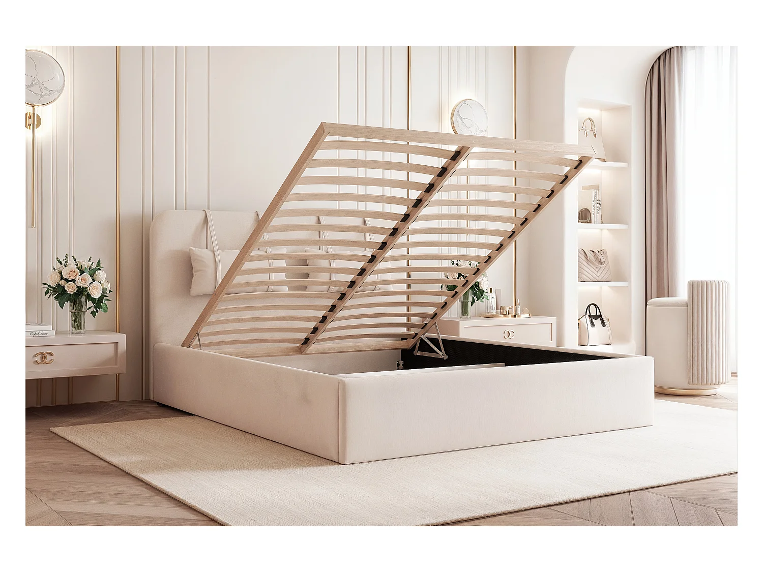 BESILIO Bed met opbergruimte van plaatmateriaal 120x200 Monti – slank bed met afneembare sierkussens, lattenbodem en opbergruimte voor beddengoed – Beige