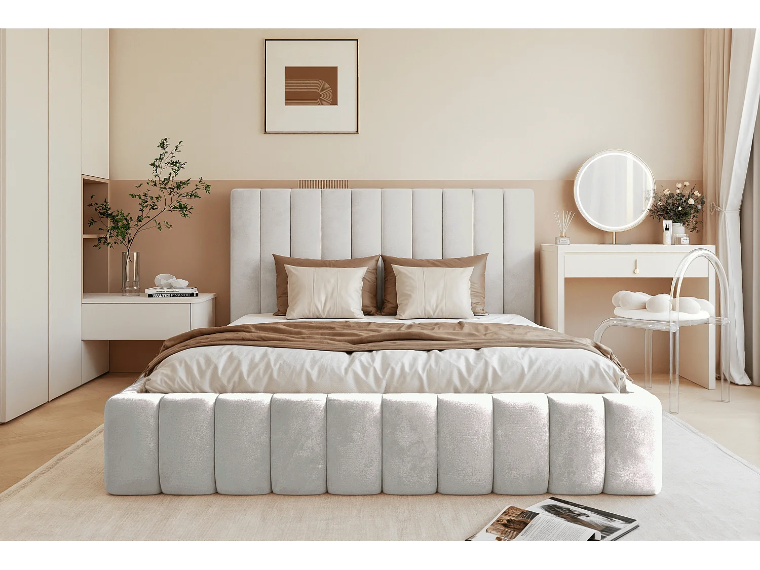 BESILIO Lit double 120x200 Tina – lit fin pour la chambre avec sommier et coffre de rangement – tissu velours – Gris clair