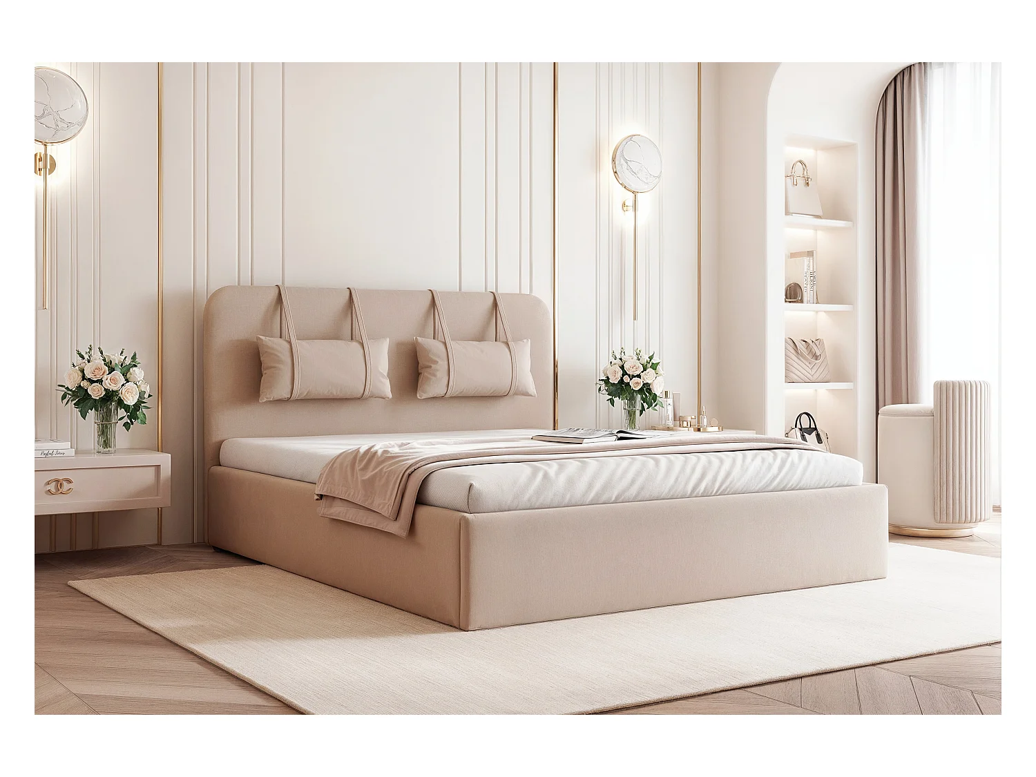 BESILIO Bed met opbergruimte van plaatmateriaal 200x200 Monti – slank bed met afneembare sierkussens, lattenbodem en opbergruimte voor beddengoed – Beige