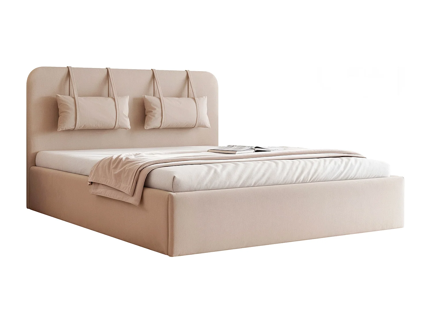 BESILIO Bed met opbergruimte van plaatmateriaal 200x200 Monti – slank bed met afneembare sierkussens, lattenbodem en opbergruimte voor beddengoed – Beige