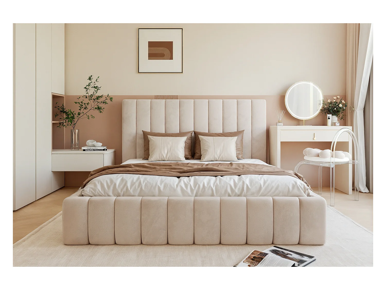 BESILIO Tweepersoonsbed 180x200 Tina – slank slaapkamerbed met lattenbodem en opbergruimte voor beddengoed – fluwelen stof – Beige