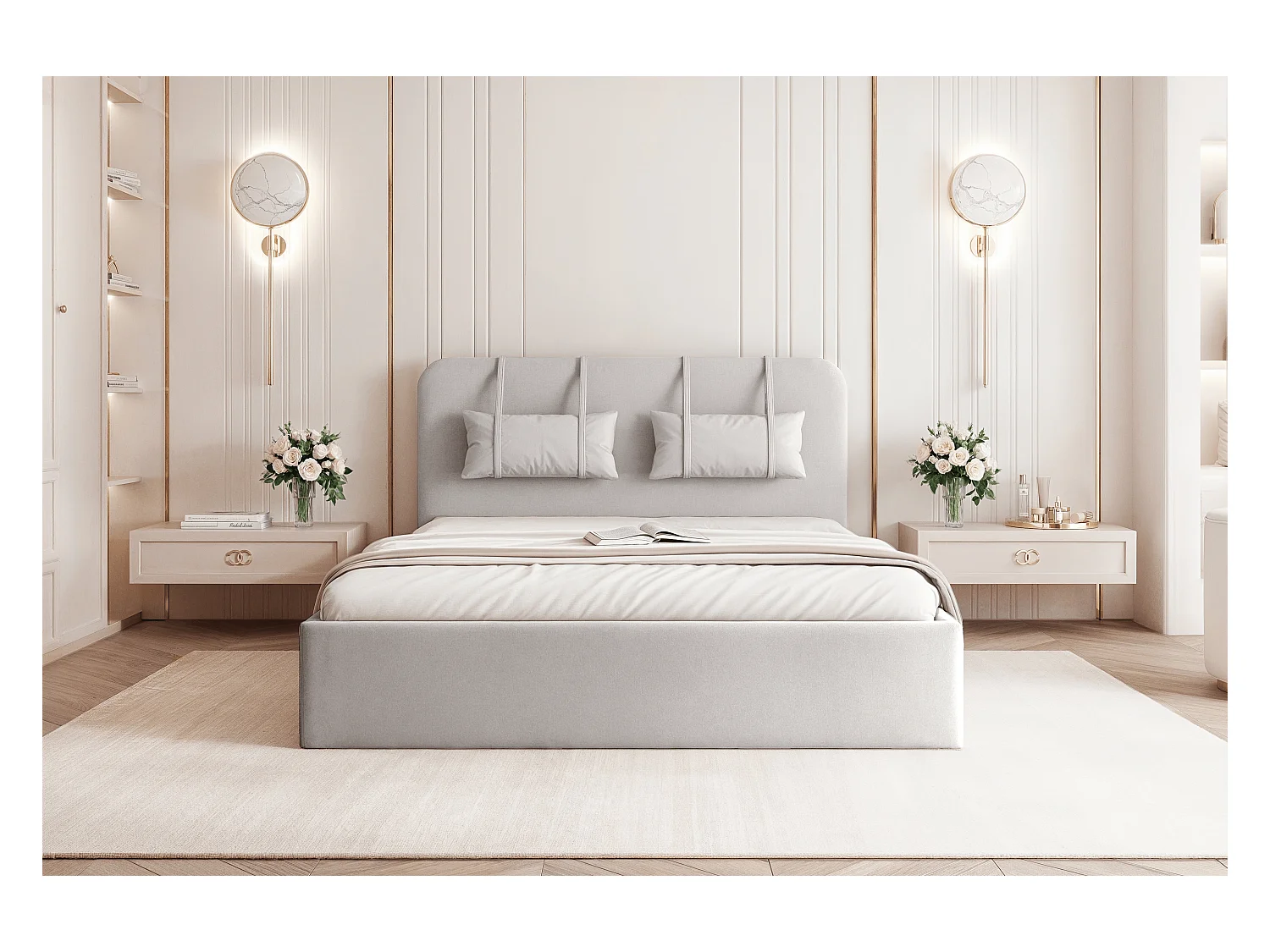 BESILIO Bed met opbergruimte van plaatmateriaal 200x200 Monti – slank bed met afneembare sierkussens, lattenbodem en opbergruimte voor beddengoed – Lichtgrijs