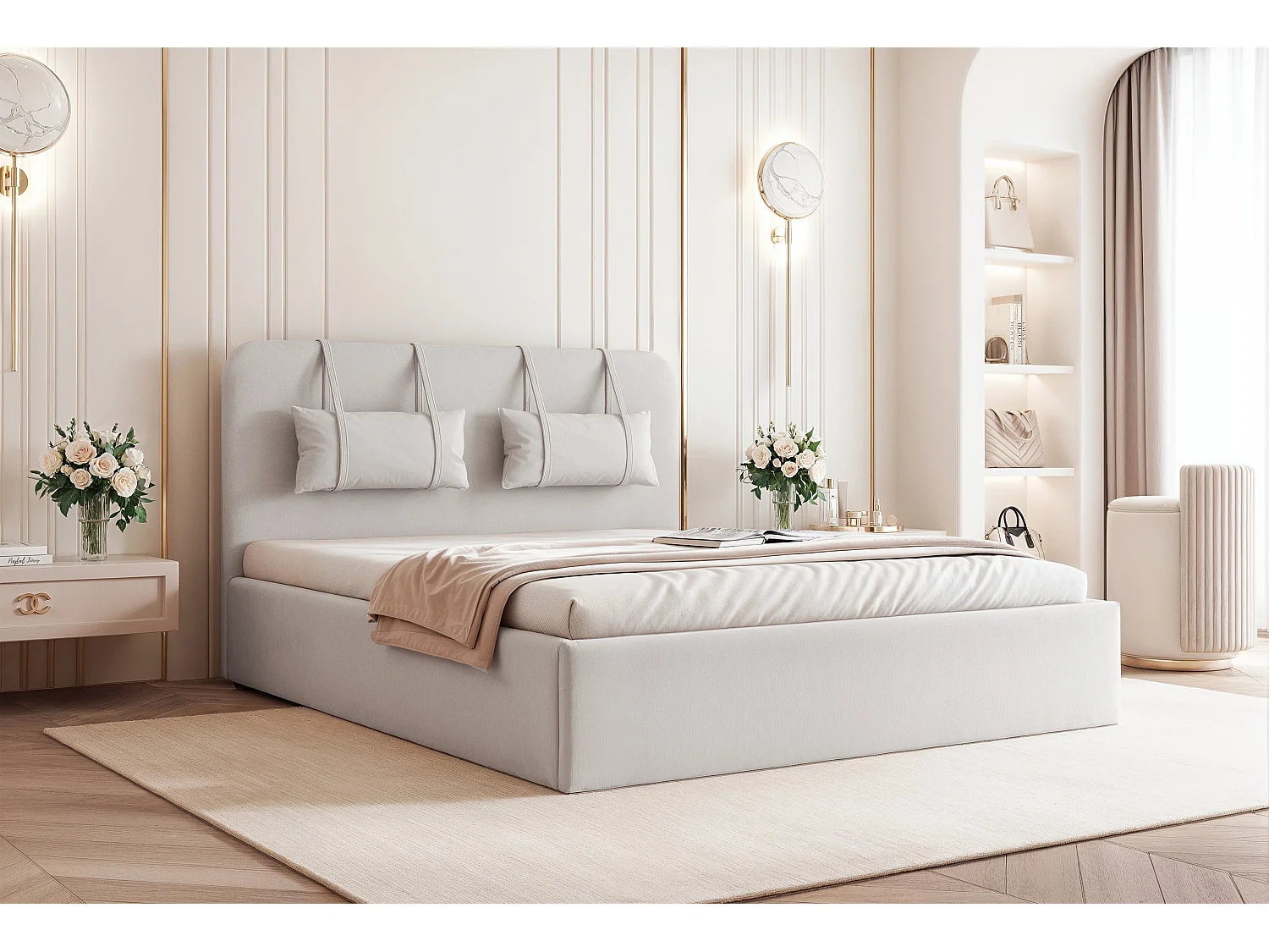 BESILIO Bed met opbergruimte van plaatmateriaal 200x200 Monti – slank bed met afneembare sierkussens, lattenbodem en opbergruimte voor beddengoed – Lichtgrijs