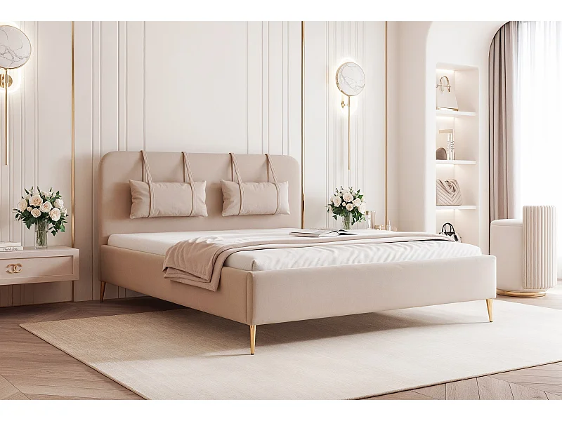 BESILIO Lit sur pieds dorés 180x200 Monti II – lit fin avec coussins décoratifs amovibles, pieds en métal, sommier et coffre de rangement – Beige