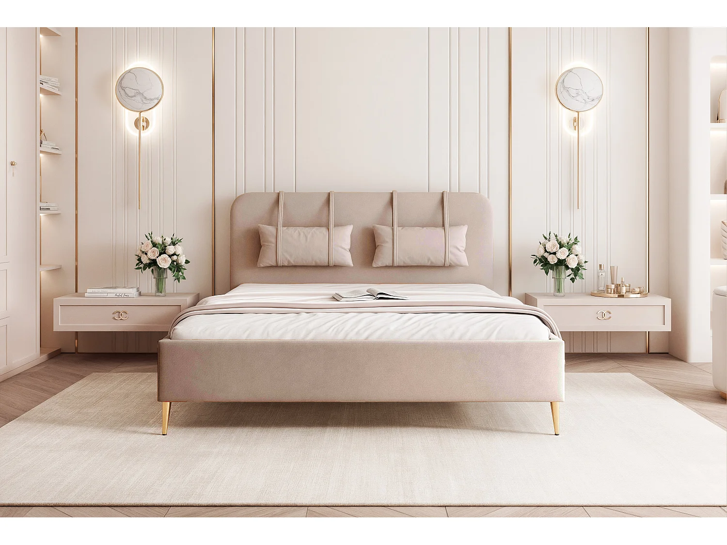 BESILIO Lit sur pieds dorés 180x200 Monti II – lit fin avec coussins décoratifs amovibles, pieds en métal, sommier et coffre de rangement – Beige