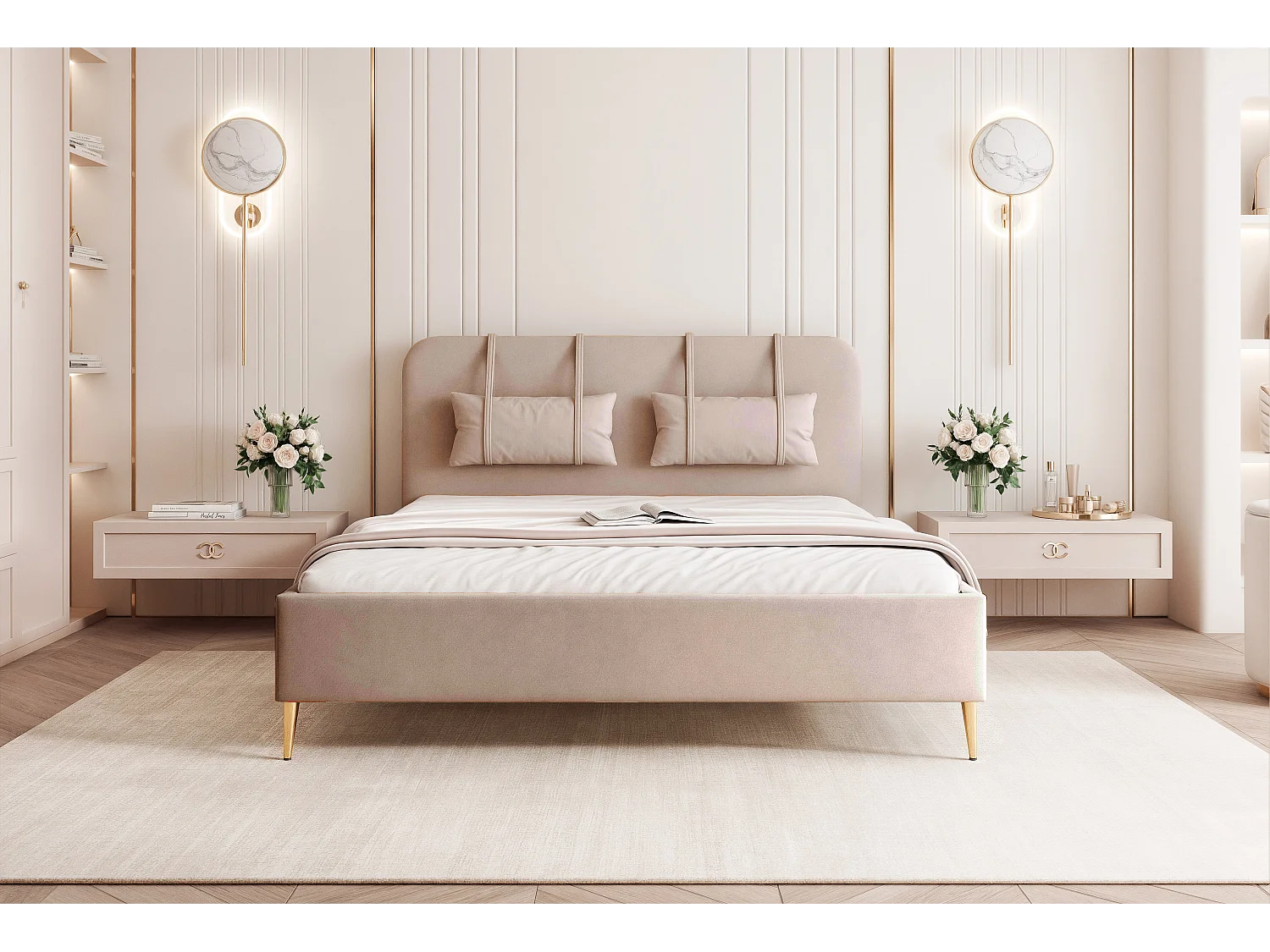 BESILIO Łóżko na złotych nogach 180x200 Monti II - Łóżko slim, ozdobne poduszki ściągane, metalowe nogi, ze stelażem i pojemnikiem na pościel- Beżowy