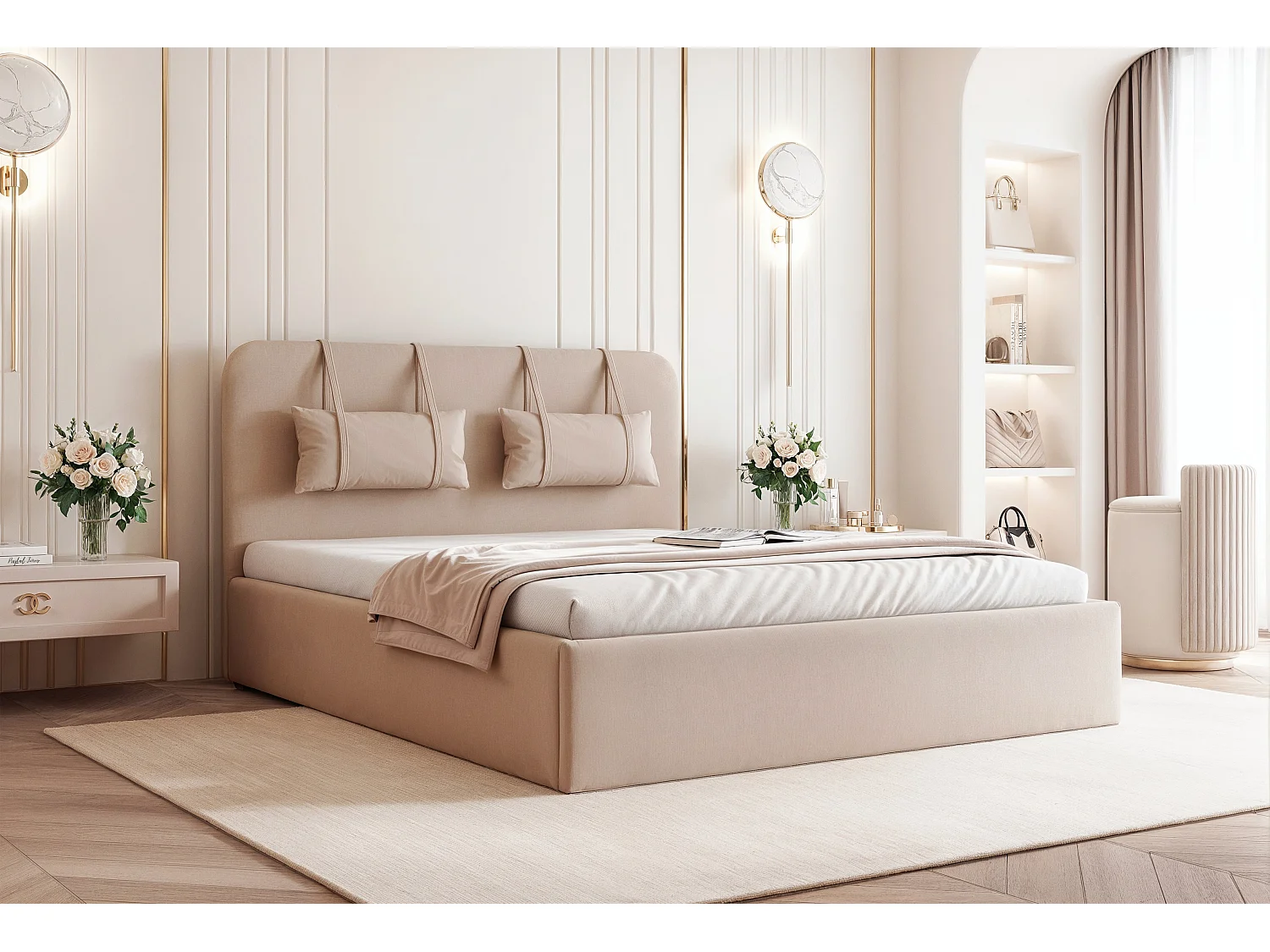 BESILIO Lit avec rangement en panneau 140x200 Monti – lit fin avec coussins décoratifs amovibles, sommier et coffre de rangement – Beige