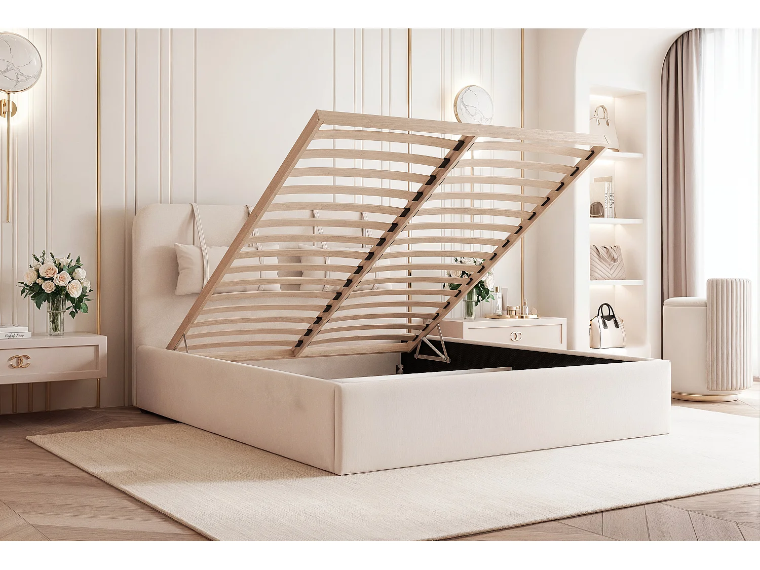 BESILIO Lit avec rangement en panneau 140x200 Monti – lit fin avec coussins décoratifs amovibles, sommier et coffre de rangement – Beige