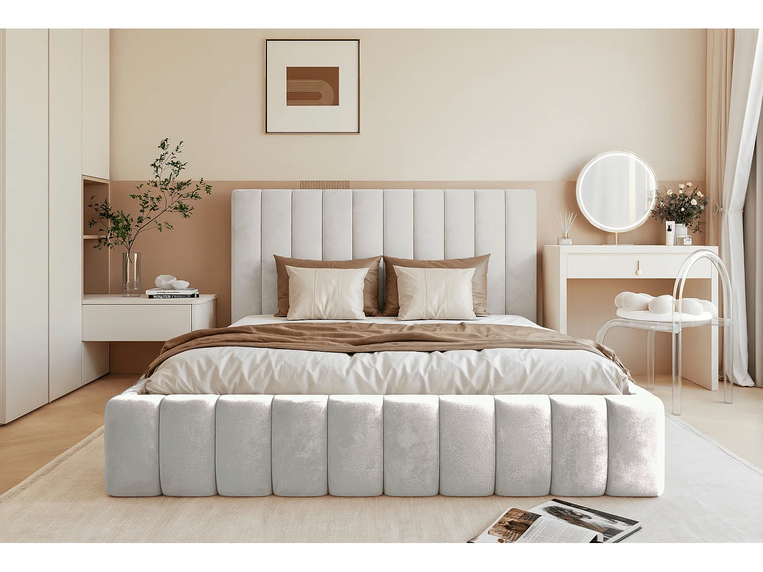 BESILIO Lit double 200x200 Tina – lit fin pour la chambre avec sommier et coffre de rangement – tissu velours – Gris clair