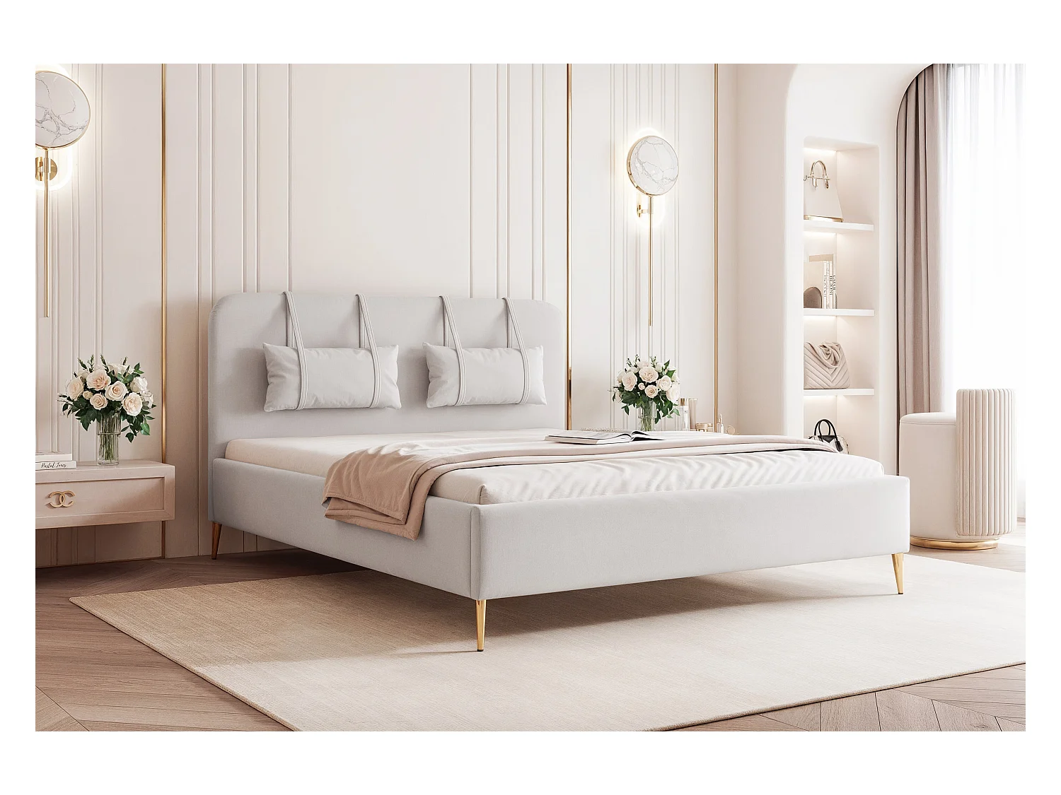 BESILIO Bed op gouden poten 180x200 Monti II – slank bed met afneembare sierkussens, metalen poten, lattenbodem en opbergruimte voor beddengoed – Lichtgrijs