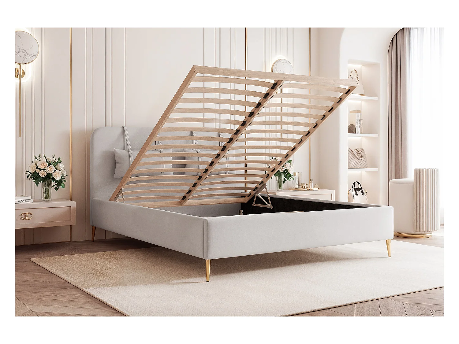 BESILIO Bed op gouden poten 180x200 Monti II – slank bed met afneembare sierkussens, metalen poten, lattenbodem en opbergruimte voor beddengoed – Lichtgrijs