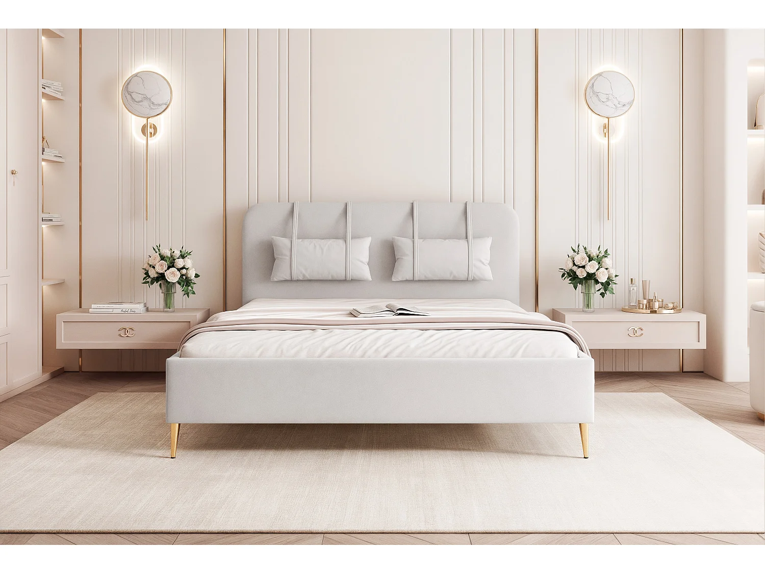 BESILIO Lit sur pieds dorés 180x200 Monti II – lit fin avec coussins décoratifs amovibles, pieds en métal, sommier et coffre de rangement – Gris clair