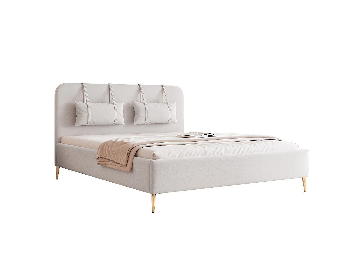 BESILIO Bed op gouden poten 180x200 Monti II – slank bed met afneembare sierkussens, metalen poten, lattenbodem en opbergruimte voor beddengoed – Lichtgrijs