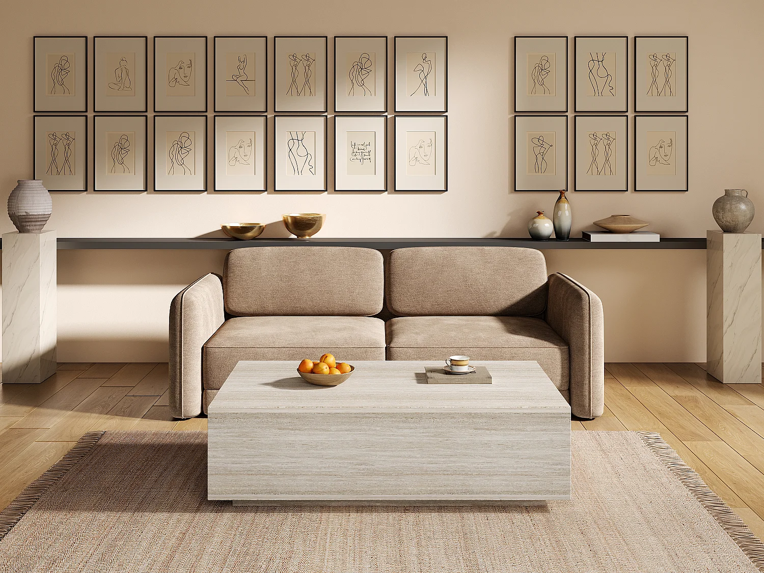 Table basse avec 2 tiroirs en MDF - L120 cm - Effet travertin beige - ANTRIM