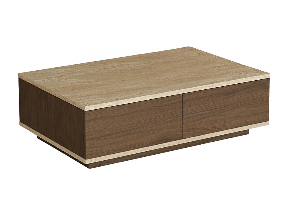 Table basse avec 2 portes - Effet travertin beige et Naturel foncé - LOTULA