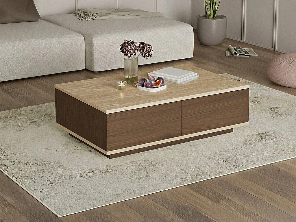 Table basse avec 2 portes - Effet travertin beige et Naturel foncé - LOTULA