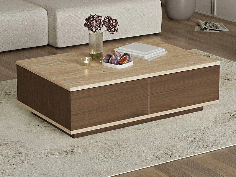 Table basse avec 2 portes - Effet travertin beige et Naturel foncé - LOTULA