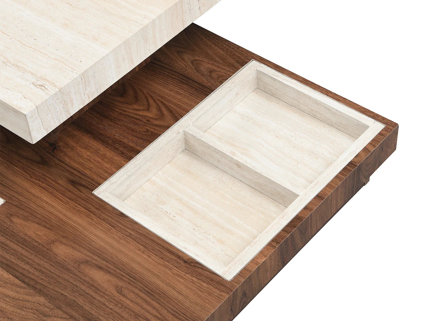 Table basse - Plateau pivotant - MDF - Effet travertin beige et naturel foncé - FAUSTO