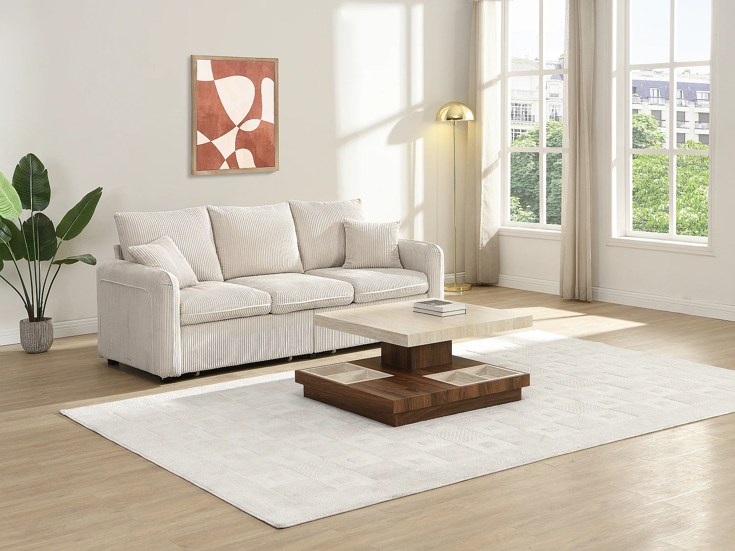 Table basse - Plateau pivotant - MDF - Effet travertin beige et naturel foncé - FAUSTO