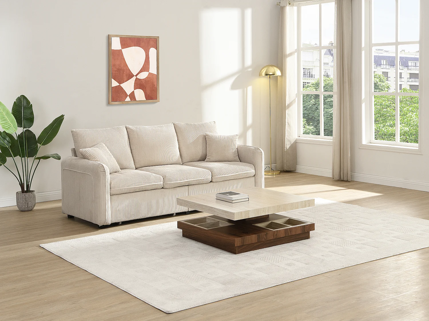 Table basse - Plateau pivotant - MDF - Effet travertin beige et naturel foncé - FAUSTO