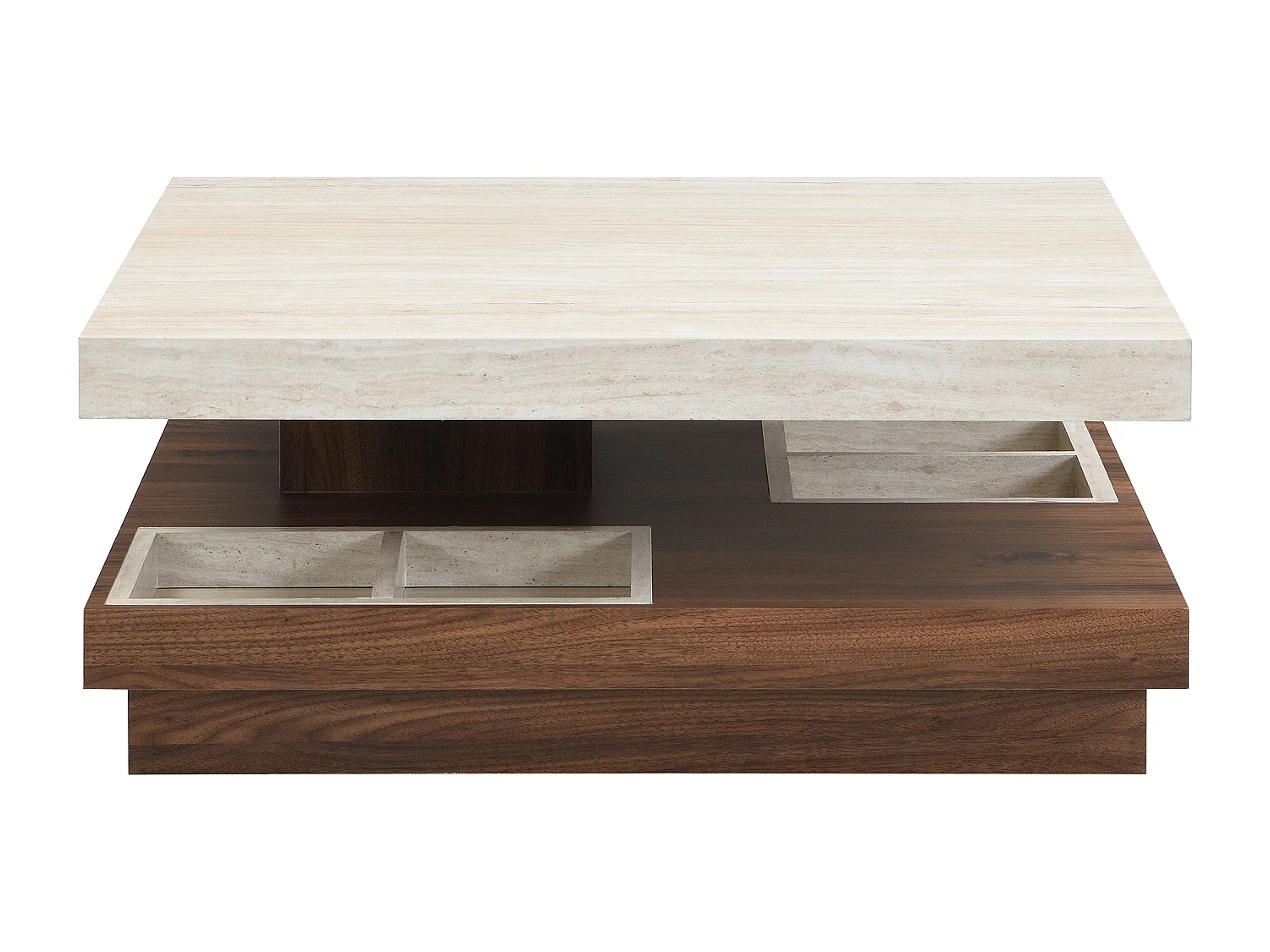 Table basse - Plateau pivotant - MDF - Effet travertin beige et naturel foncé - FAUSTO