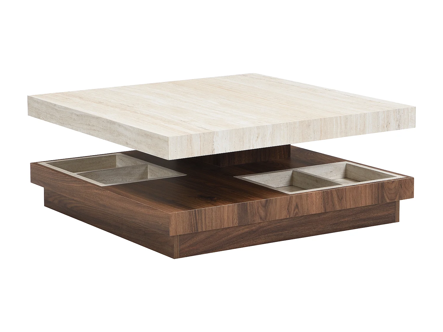 Table basse - Plateau pivotant - MDF - Effet travertin beige et naturel foncé - FAUSTO
