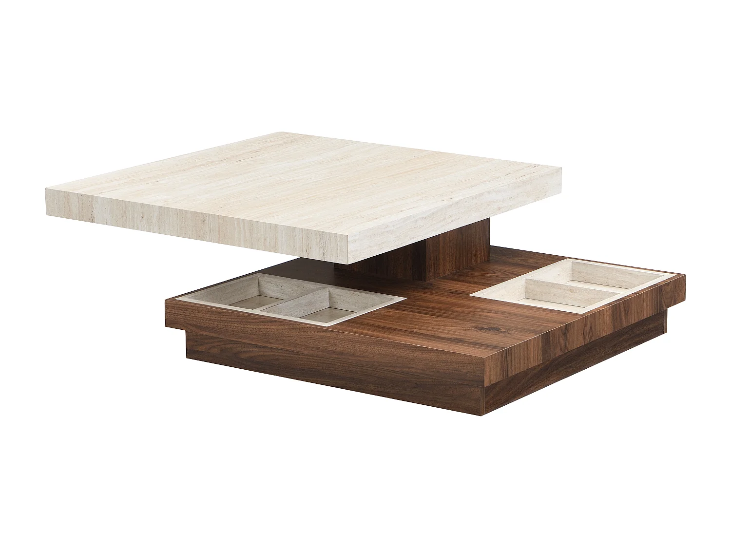 Table basse - Plateau pivotant - MDF - Effet travertin beige et naturel foncé - FAUSTO