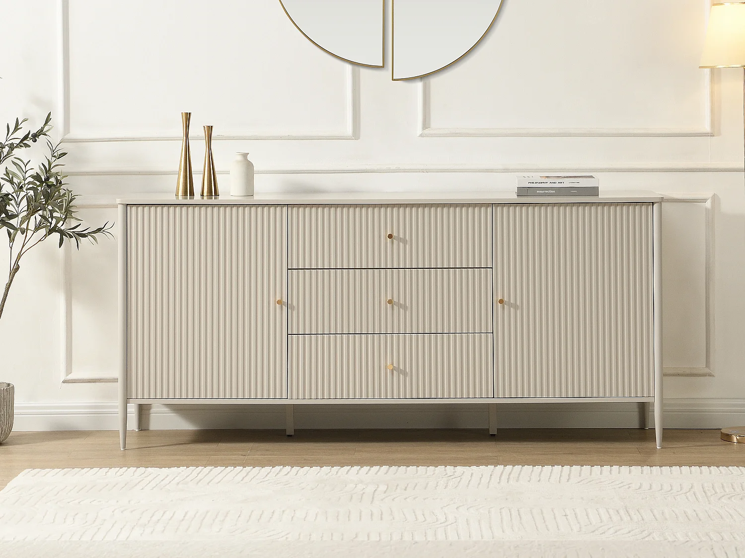 Buffet 2 portes et 3 tiroirs en MDF - Beige et doré - CALITARO