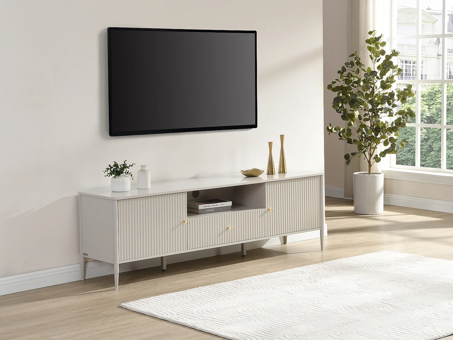 Meuble TV 2 portes, 1 tiroir et 1 niche en MDF - Beige et doré - CALITARO