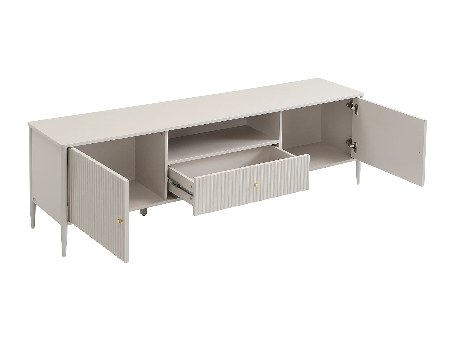 Meuble TV 2 portes, 1 tiroir et 1 niche en MDF - Beige et doré - CALITARO