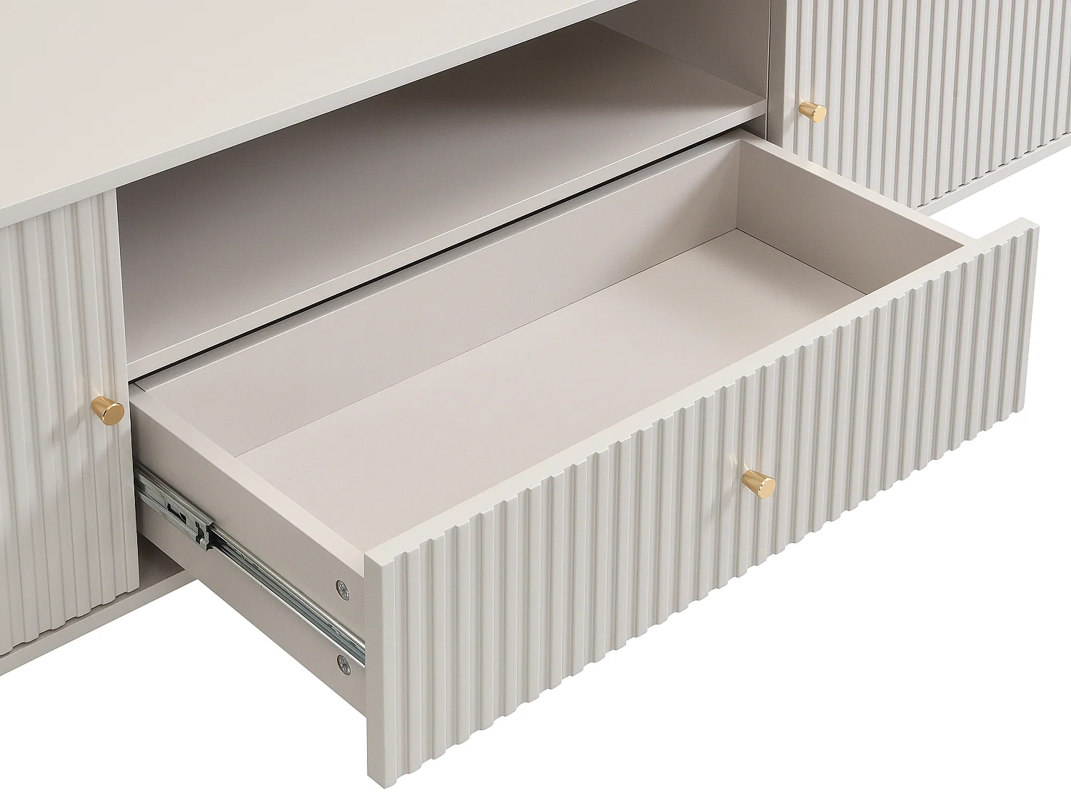 Meuble TV 2 portes, 1 tiroir et 1 niche en MDF - Beige et doré - CALITARO