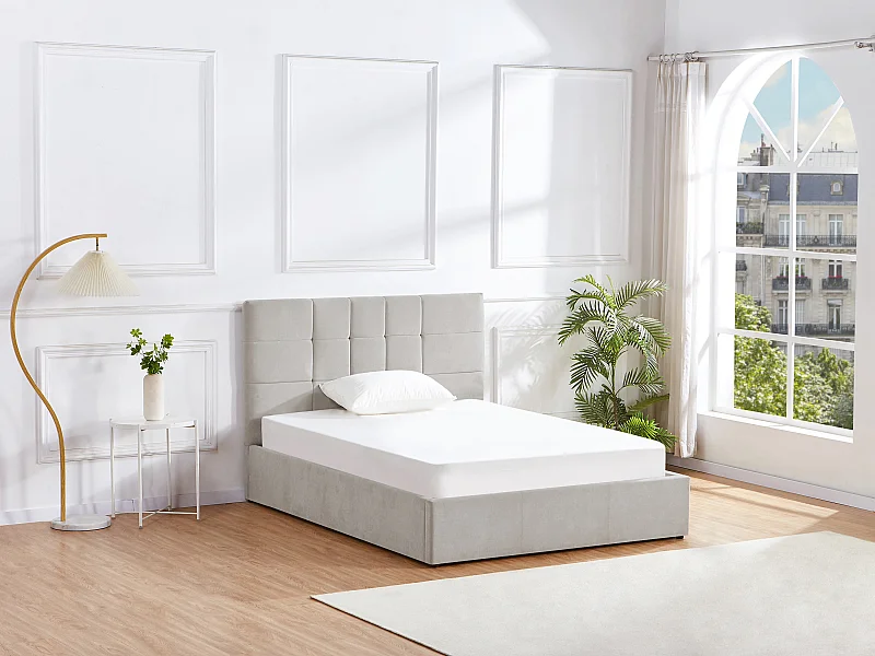 Lit coffre 140 x 190 cm - Tissu - Gris + Matelas - HOPEYA de Pascal Morabito