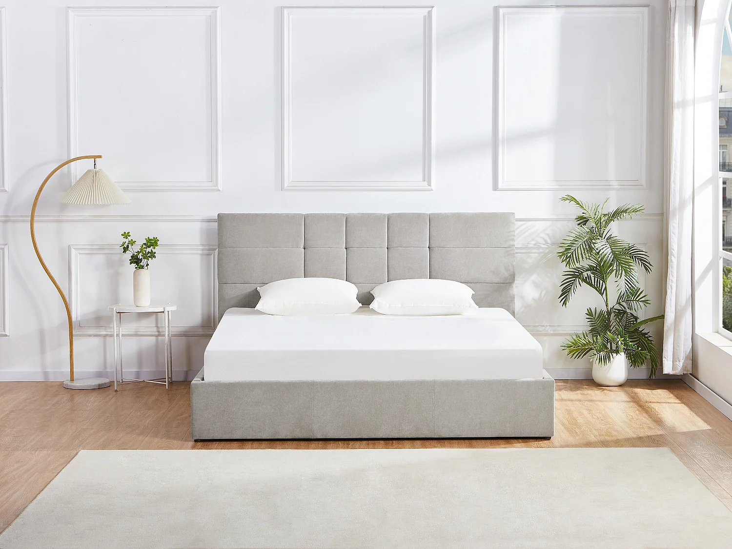 Lit coffre 140 x 190 cm - Tissu - Gris + Matelas - HOPEYA
