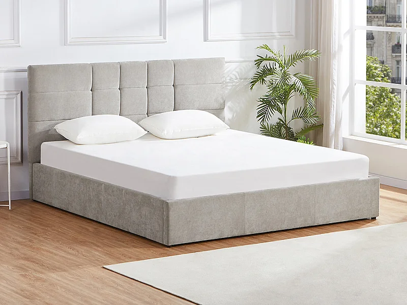 Lit coffre 180 x 200 cm - Tissu - Gris + Matelas - HOPEYA de Pascal Morabito