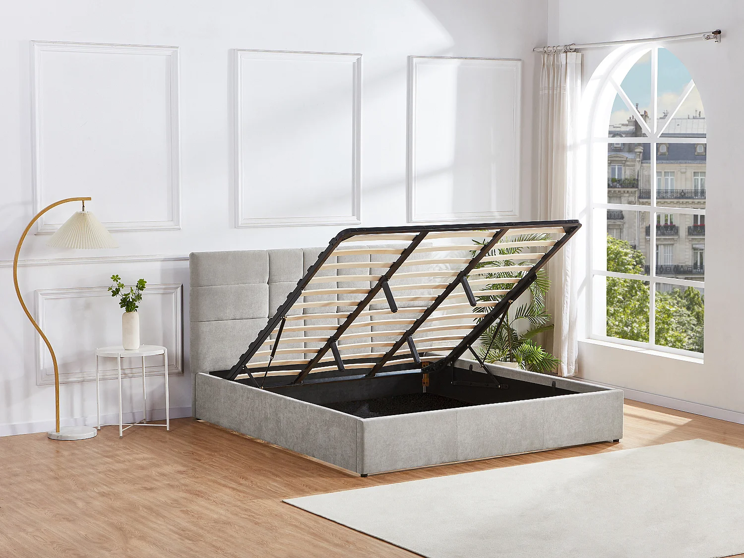 Lit coffre 180 x 200 cm - Tissu - Gris + Matelas - HOPEYA de Pascal Morabito