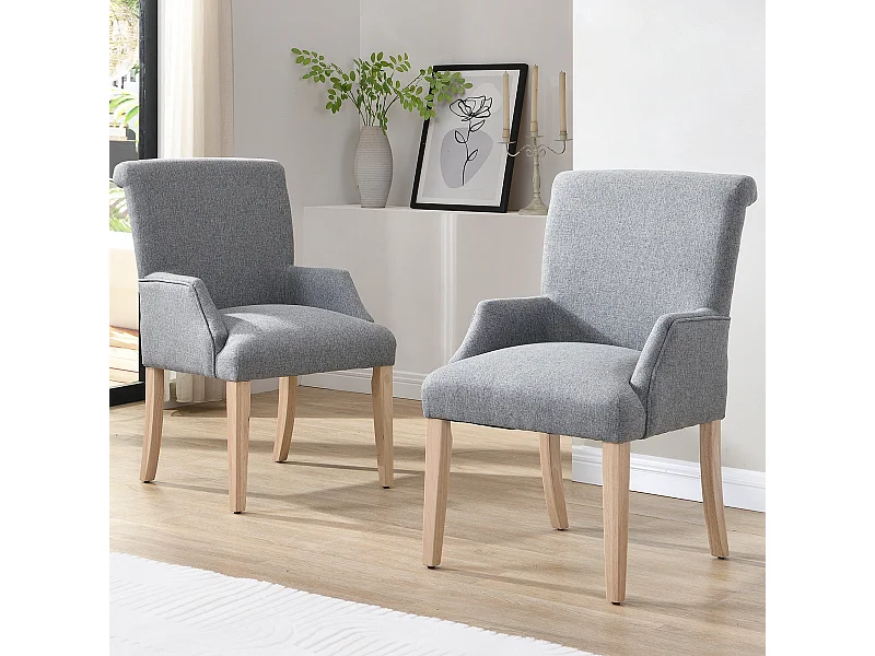 Lot de 2 chaises avec accoudoirs dossier rembourré épais pieds réglables en lin et gris pour salon cuisine chambre
