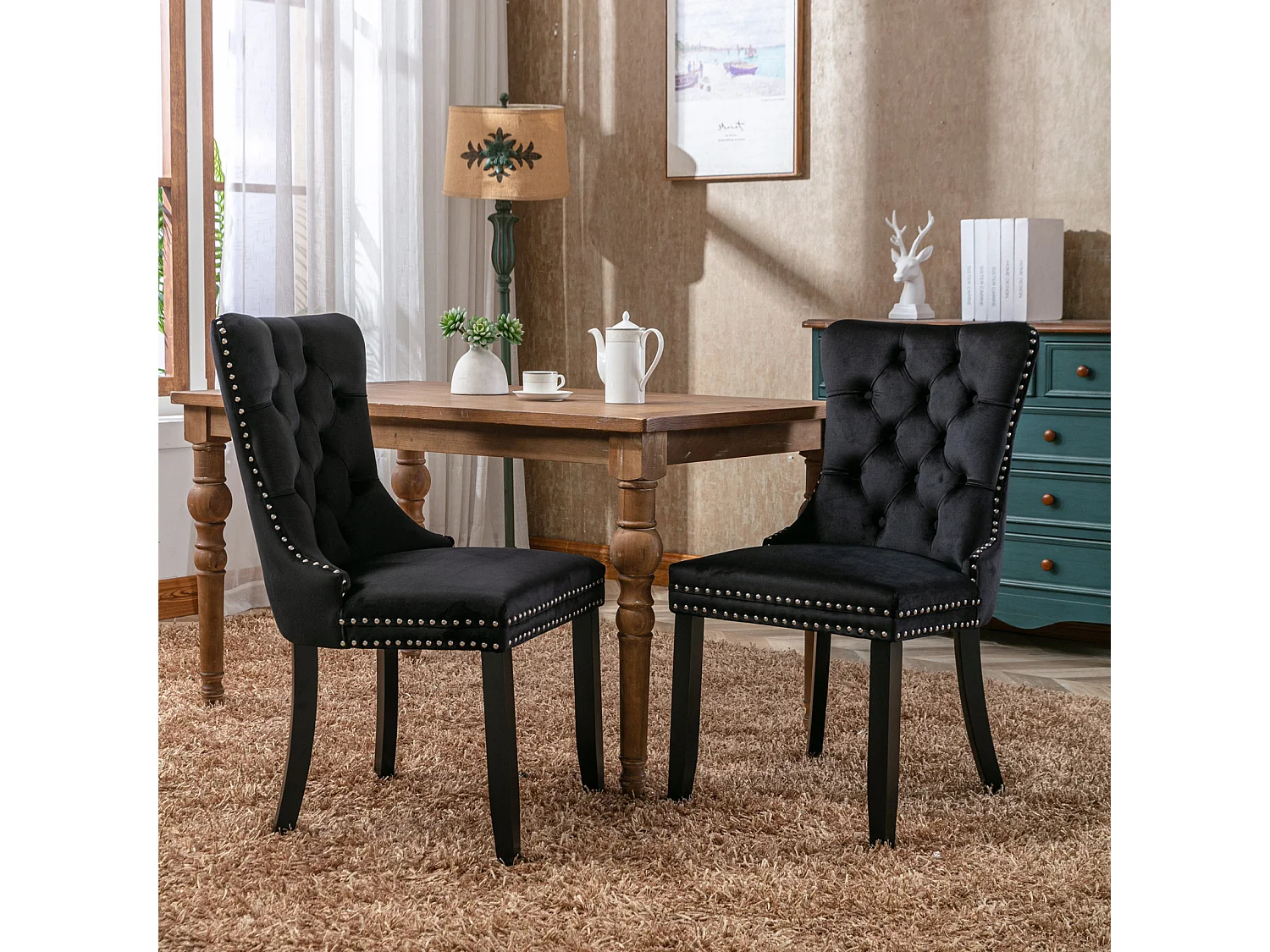 Chaise de salle à manger, dossier haut, assise confortable, pieds réglables, velours noir