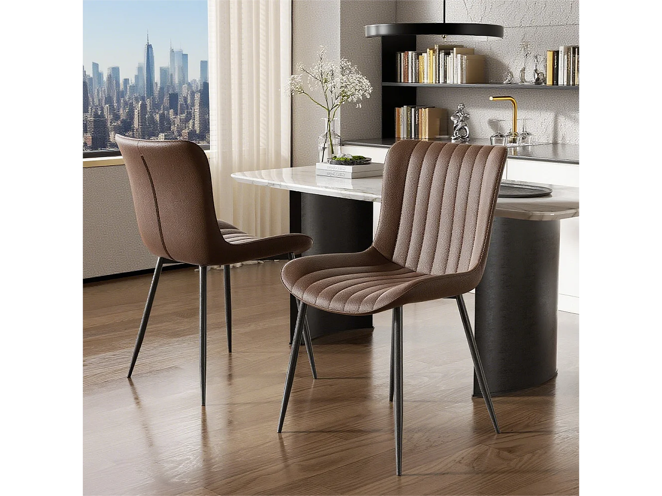 Set van 2 bruine stoelen met zwarte poten, PU imitatieleer