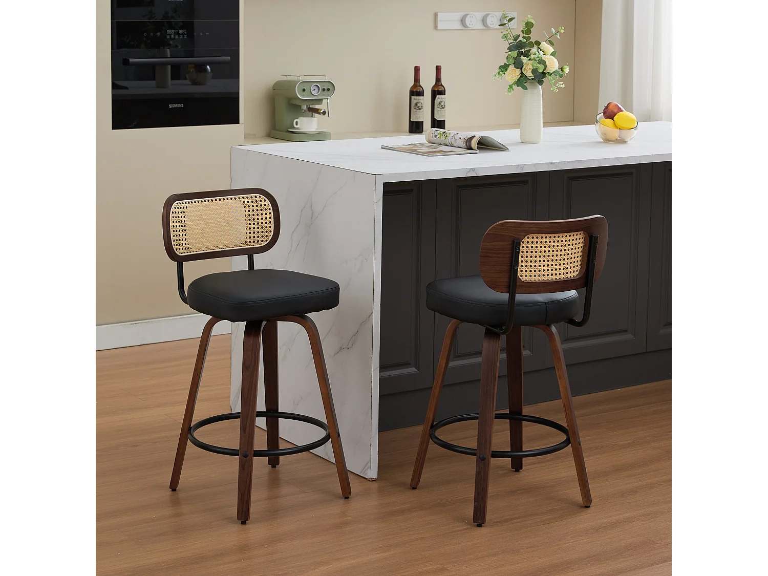 Lot de 2 tabourets de bar 42x56x90cm Rotatif dossier de chaise en osier assise rembourrée pour salle à manger et salon noir