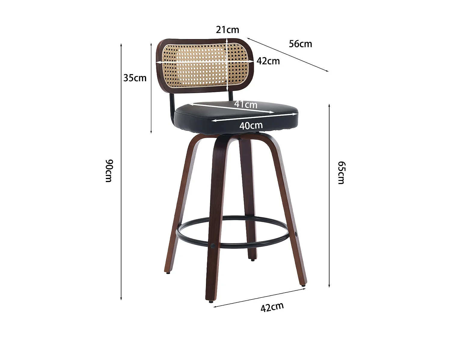 Lot de 2 tabourets de bar 42x56x90cm Rotatif dossier de chaise en osier assise rembourrée pour salle à manger et salon noir