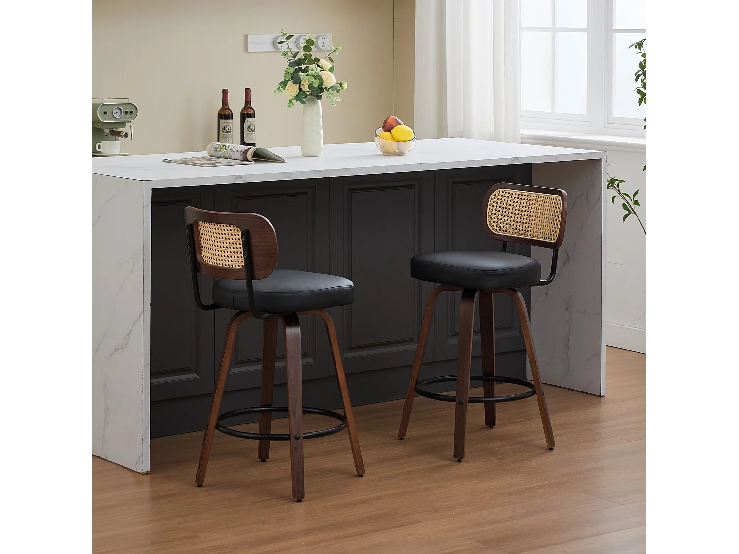 Lot de 2 tabourets de bar 42x56x90cm Rotatif dossier de chaise en osier assise rembourrée pour salle à manger et salon noir