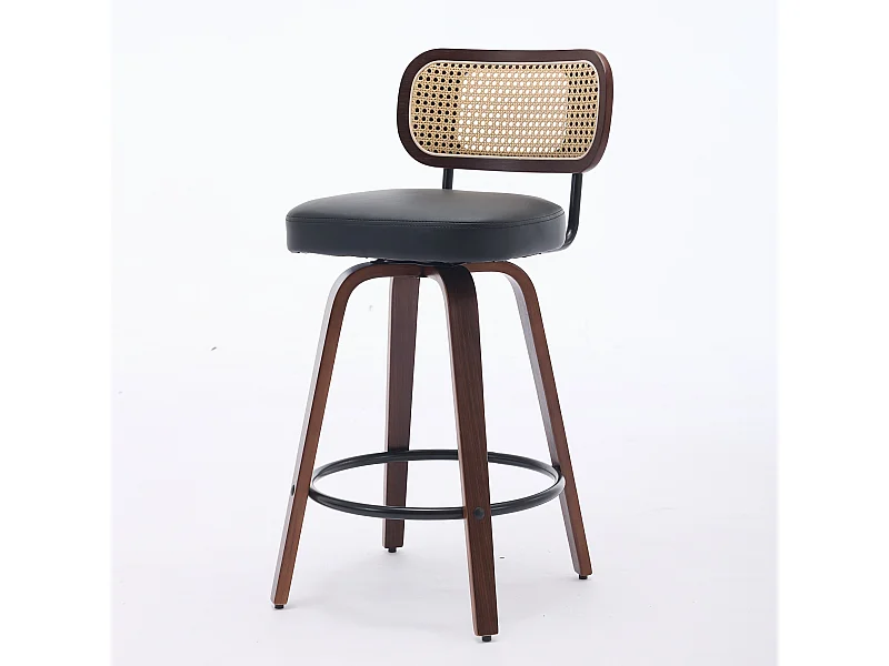 Lot de 2 tabourets de bar, pivotants 360°, dossier en rotin ventilé, assise en cuir PU, noir