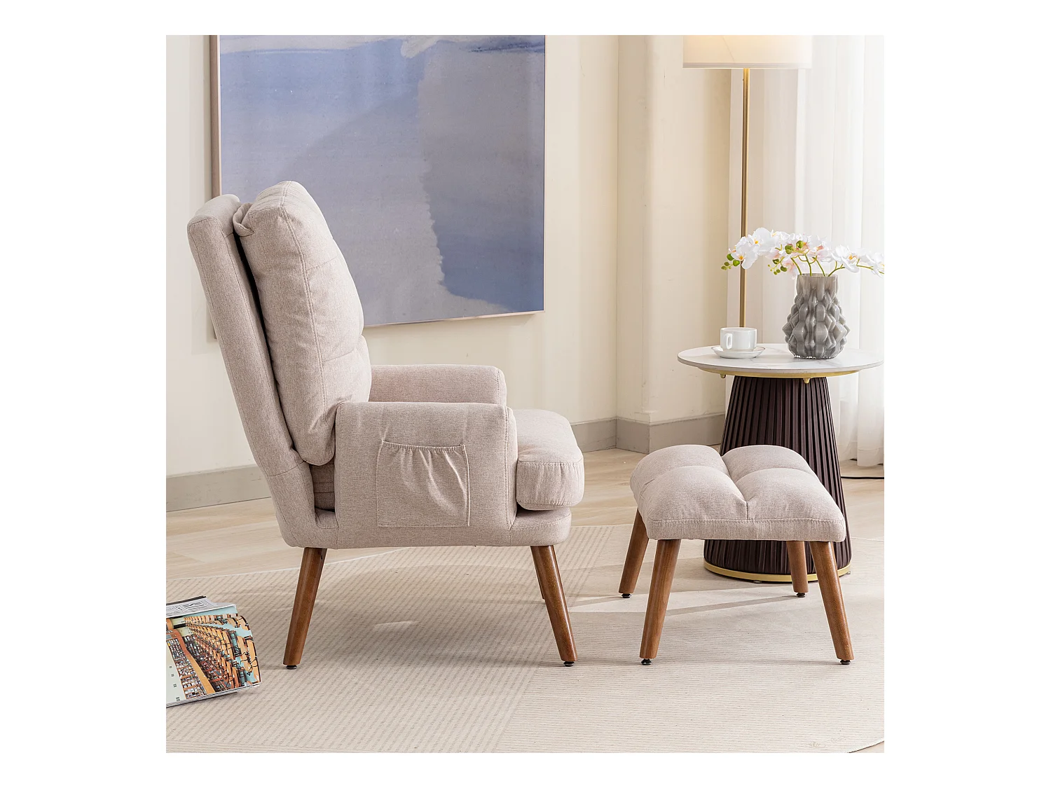 Chaise 67x60x96.5cm Avec repose pieds Dos réglable en 5 niveaux Inclinable Avec supports latéraux Matériel Mousse Beige