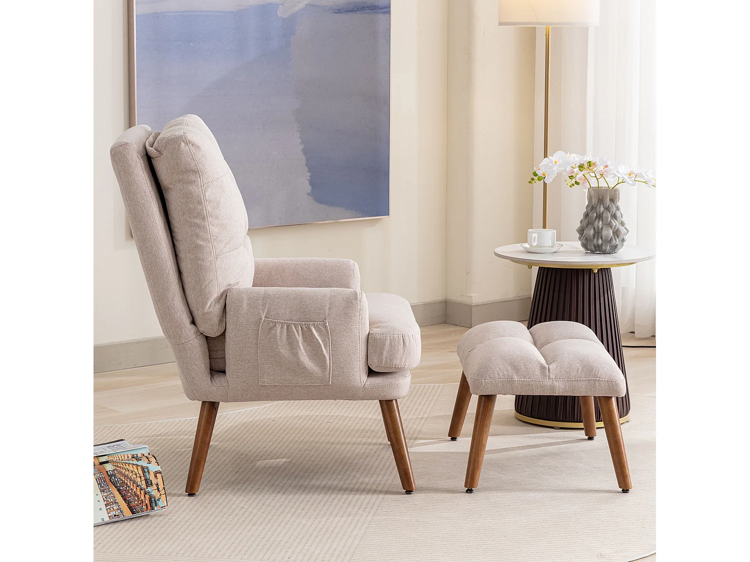 Chaise 67x60x96.5cm Avec repose pieds Dos réglable en 5 niveaux Inclinable Avec supports latéraux Matériel Mousse Beige