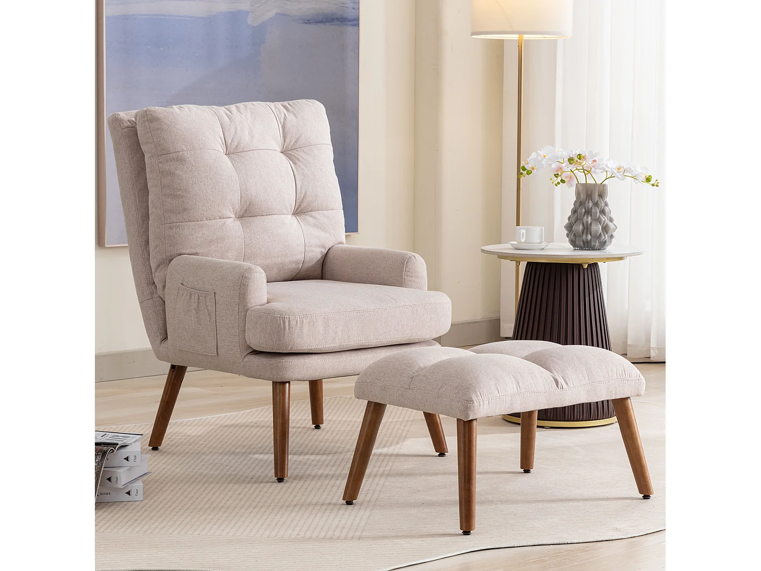 Fauteuil avec repose-pieds 69x96x60 cm, poches latérales, rembourrage en mousse, beige