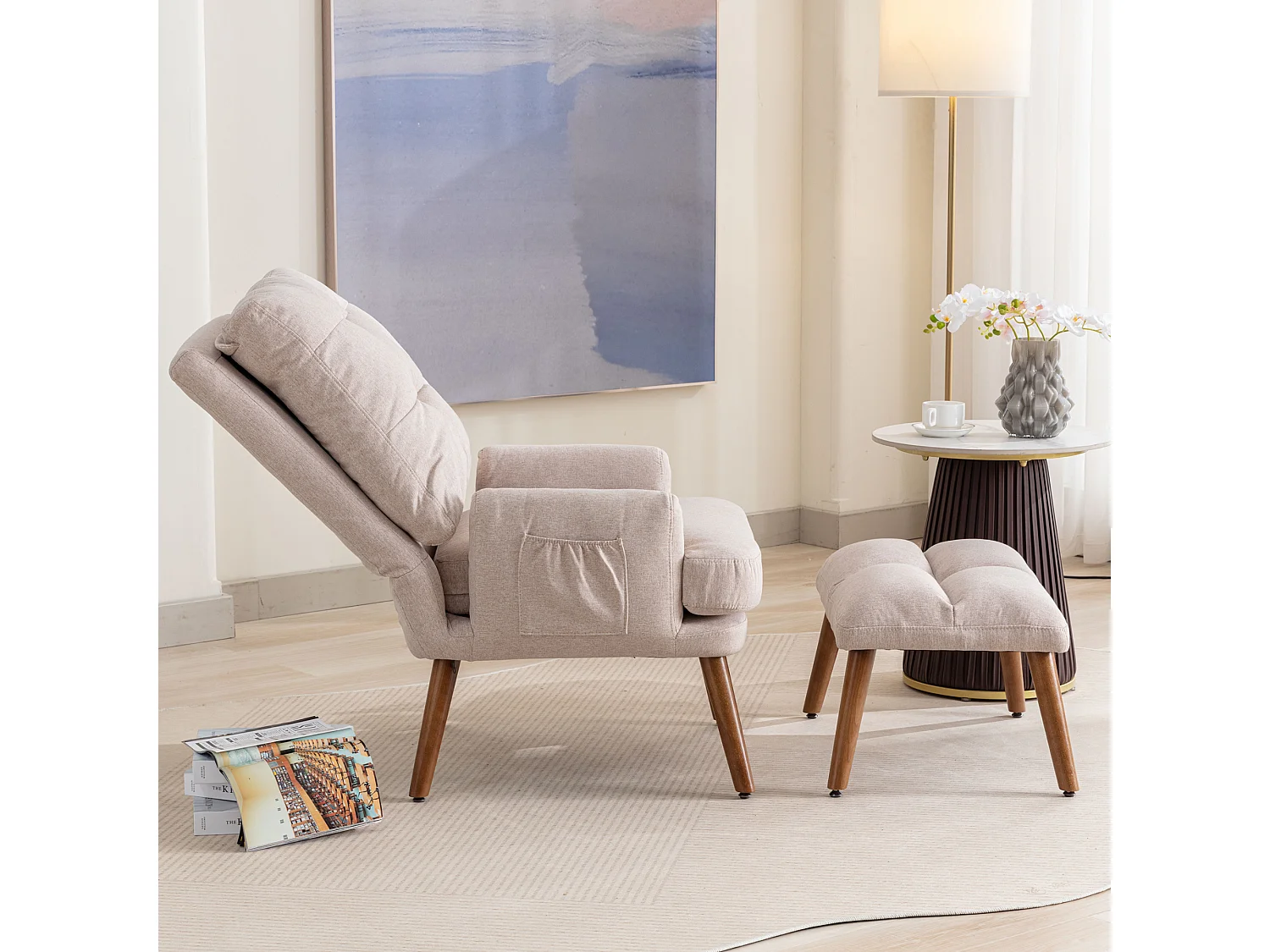 Fauteuil avec repose-pieds 69x96x60 cm, poches latérales, rembourrage en mousse, beige