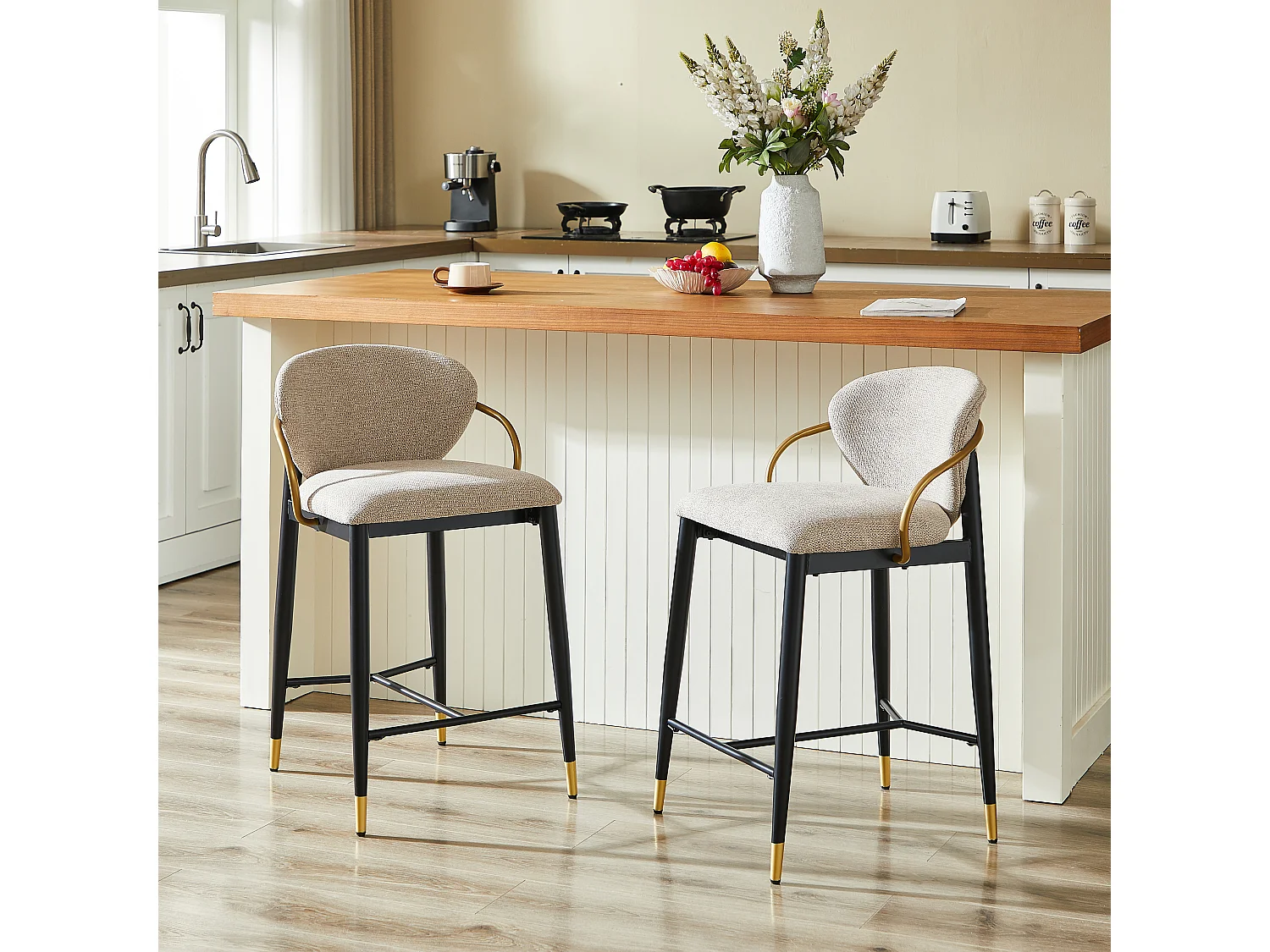 Lot de 2 tabourets de bar 57x51x97cm hauteur réglable Tissu chenille en noir en beige pour salle à manger et salon